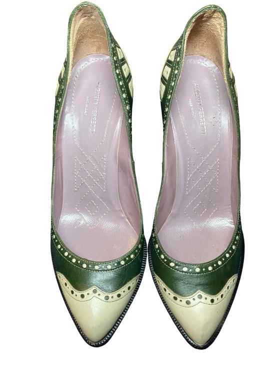 Alberta Ferretti Shoes - Vintage Alberta Ferretti Green Cream Leather Brogue Wingtip Pumps Heels 37 7